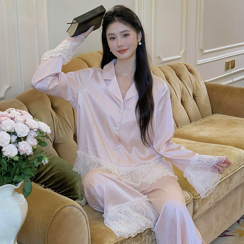 法式睡衣女士长袖长裤甜美公主风色丁套装秋季睡衣家居服可外穿|undefined