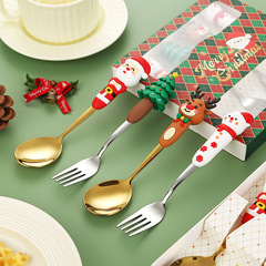 クロスボーダークリスマス食器セットステンレスクリスマススプーン漫画サンタクロースデザートスプーンフォーク祭りギフトボックス