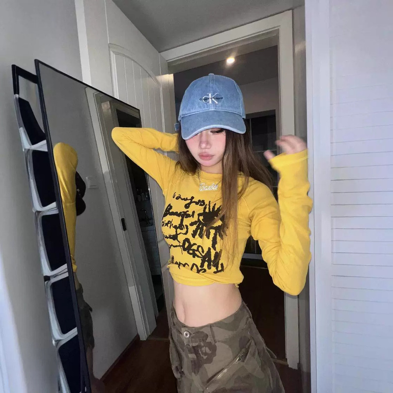American Printed Spice Girl Shoulder Long-Sleeved T-Shirt Women's Autumn and Winter Design Sense Tight Body-Slimming Short Base Dancing Top