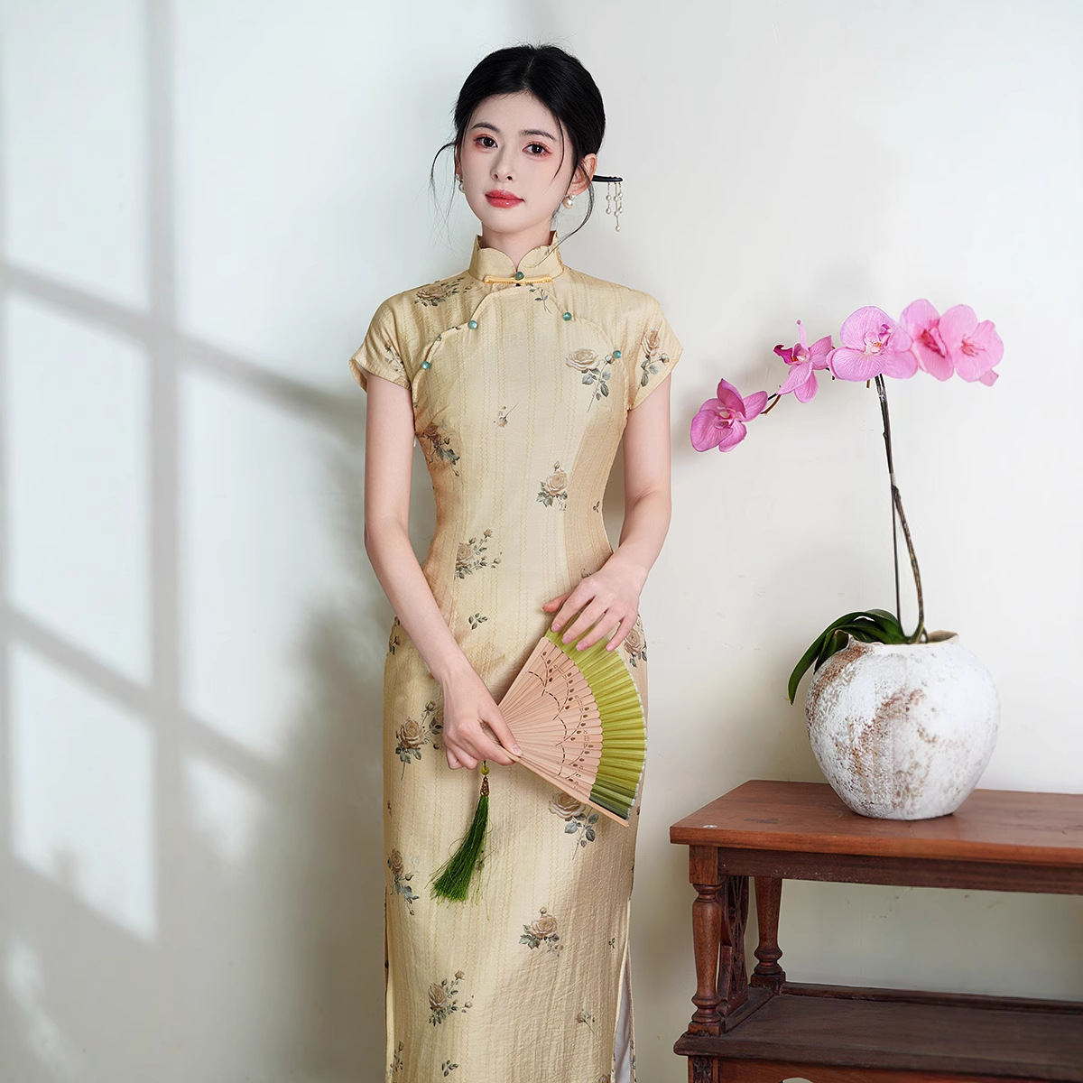 Fashionable summer bamboo cheongsam with zipper