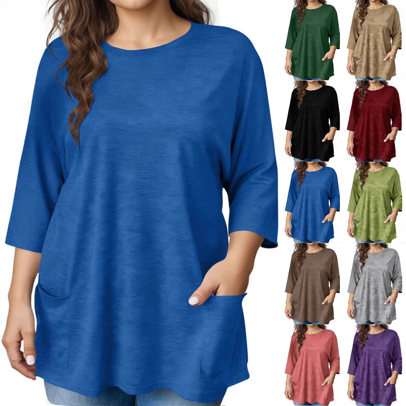 Women's Three-Quarter Sleeve Fashion Casual Round Neck Solid Color Double Pocket Top Plus Size Women's Clothing