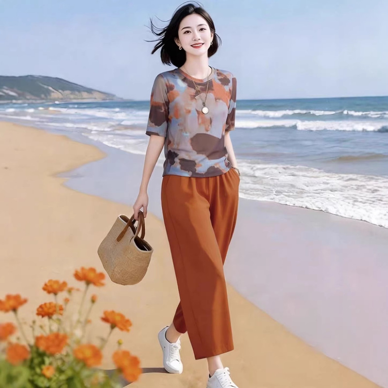 Middle-Aged and Elderly Women's Summer Outfit Set: Loose Color-Blocked Mesh Breathable Top and Comfortable Elastic Waist Pants Two-Piece Set Middle-Aged and Elderly Women's Summer Outfit Set: Loose Color-Blocked Mesh Breathable Top and Comfortable Elastic Waist Pants Two-Piece Set