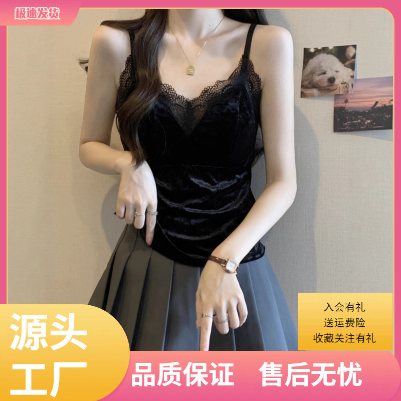 Black Velvet Lace Camisole for Women, Spring Season, Plus Size, Suitable for Slightly Plump Figures, Inner Layer Base Shirt, Slimming Top for Spring