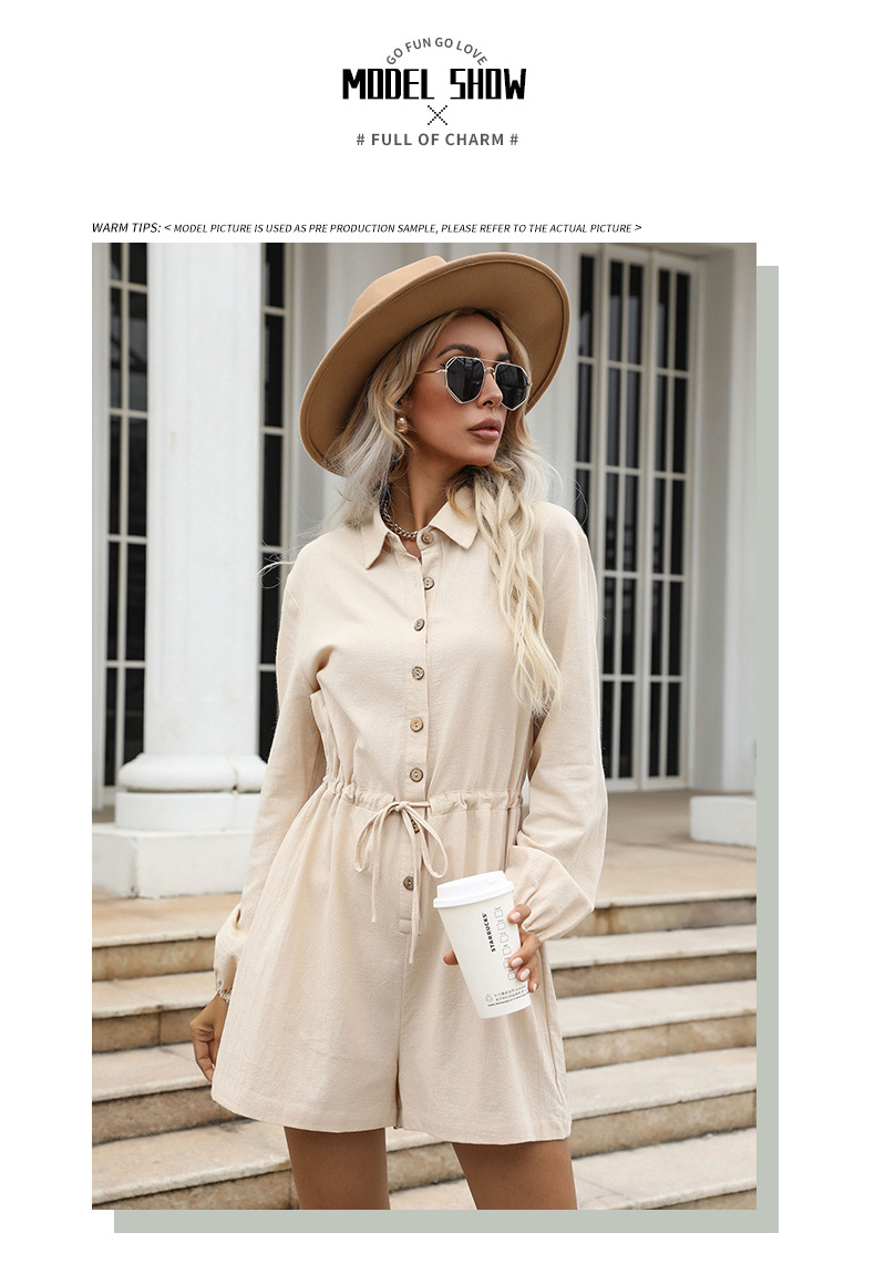 Solid Color Lapel Drawstring Wide-leg Shorts Jumpsuit_voghion.com