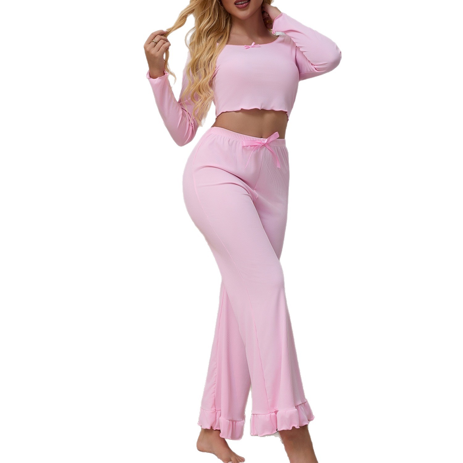 Otoño y invierno nuevos productos Europa y América transfronterizas damas simple y cómodo chaqueta corta borde de loto pantalones de mangas largas set de pijamas