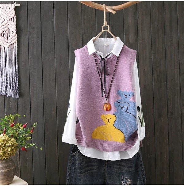 Chaleco de las mujeres de punto cuello redondo chaleco Chaleco Corto oso suéter chaleco Otoño e Invierno superior suéter de las mujeres ropa de mujer suelta image 12