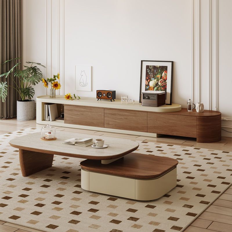 Medieval Style Walnut Round Coffee Table Small Round Table Tv Cabinet Combination Coffee Table for Living Room Small Apartment Artificial Board