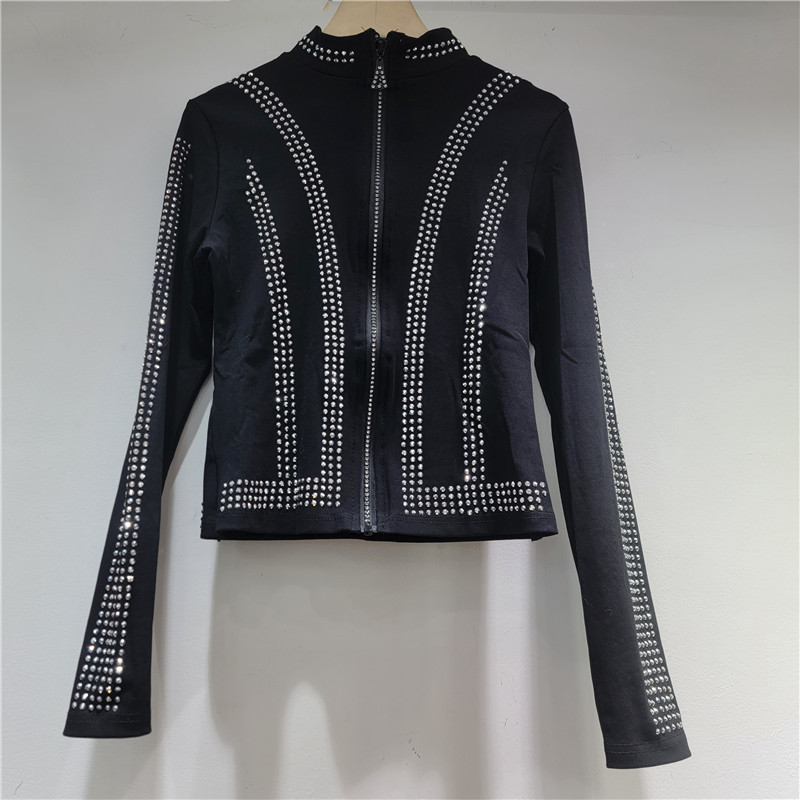 2026 principios de primavera nuevo diseño de moda sensación de delgado versátil diamante caliente brillante delgado cardigan con cremallera de moda