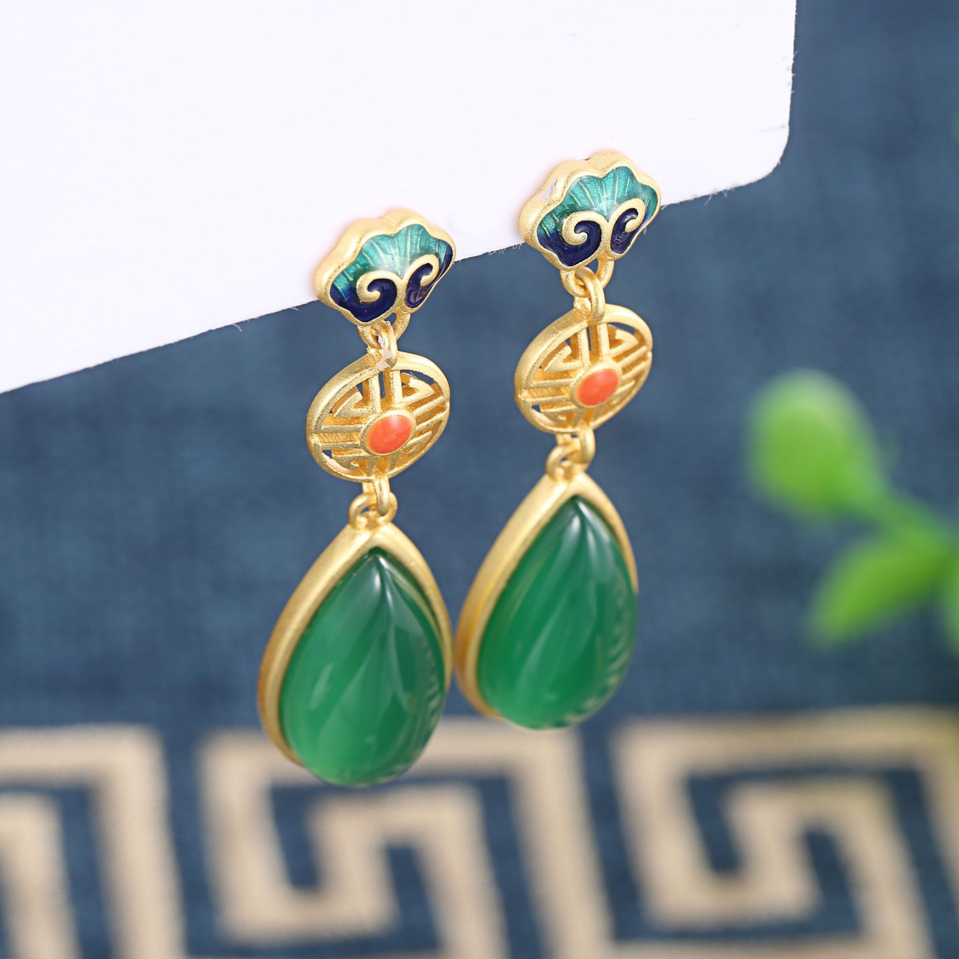 Water Droplets Pattern Women'S Gender Inlay Design 1 Pair 925 Sterling Silver Jade Water Droplets Drop Earrings