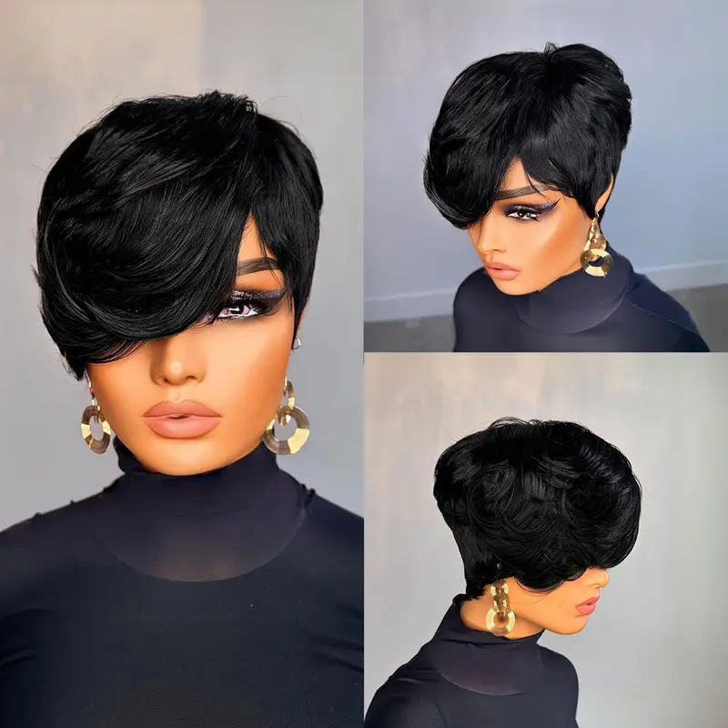 Cross-border best-selling women's pixie short wig with bangs - 6inch Simulated short hair with layered straight style Cross-border best-selling women's pixie short wig with bangs - 6inch Simulated short hair with layered straight style
