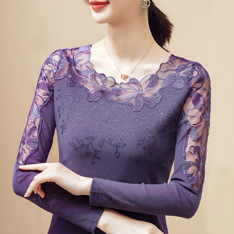 Autumn and Winter plus size lace shirt women's long-sleeved outer wear western style hollow mesh bottoming shirt Western style small shirt fashionable top