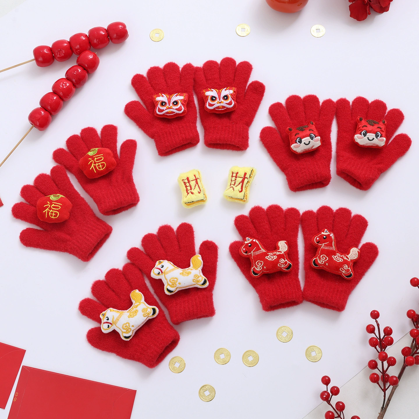 Красные детские вязаные перчатки китайского производства, утолщенные для зимы, защищающие от холода и теплые, новогодние перчатки для мальчиков и девочек, перчатки для малышей на год Змеи.
