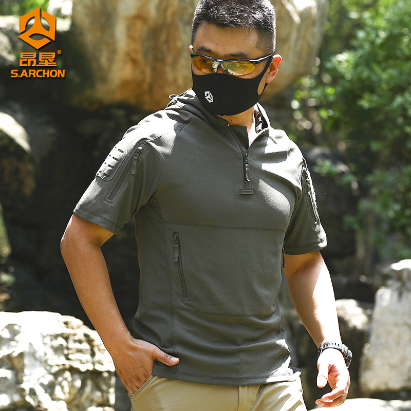 Angken Summer Outdoor Hooded Short-Sleeved Men's Lightweight Breathable T-Shirt Quick-Drying Sports Short-Sleeved Elastic Casual Top