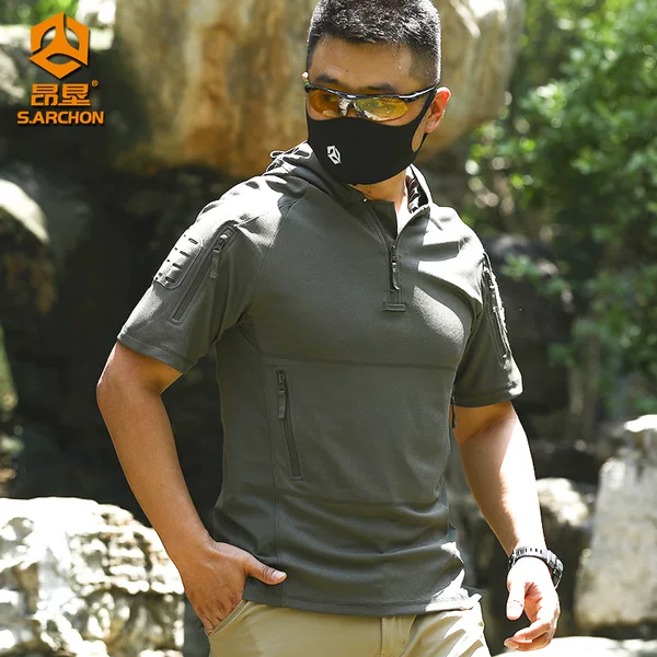 Angken Summer Outdoor Hooded Short-Sleeved Men's Lightweight Breathable T-Shirt Quick-Drying Sports Short-Sleeved Elastic Casual Top