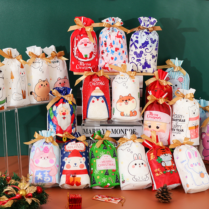 跨境专供现货批发节日礼品包装袋 饼干自封袋 圣诞糖果束口抽绳袋
