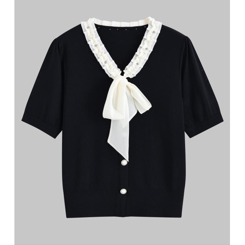 2026 Summer New Style V-Neck Lace-Up Black Knit Top for Women, High-End Beaded and Rhinestone-Embellished Fashion Slimming Top
