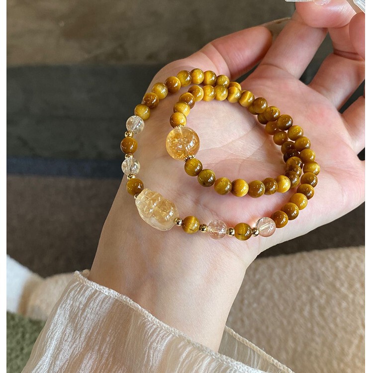 Double-Circle Artificial Citrine Bracelet Pixiu Fortune Transfer Imitation Gold Tiger Eye Double-Circle Bracelet Niche Design High-End
