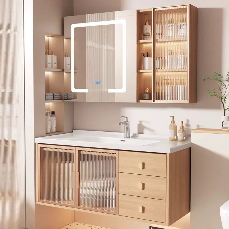 橡木现代简约原木色浴室柜组合卫生间镜柜洗手洗脸盆柜轻奢洗漱台
