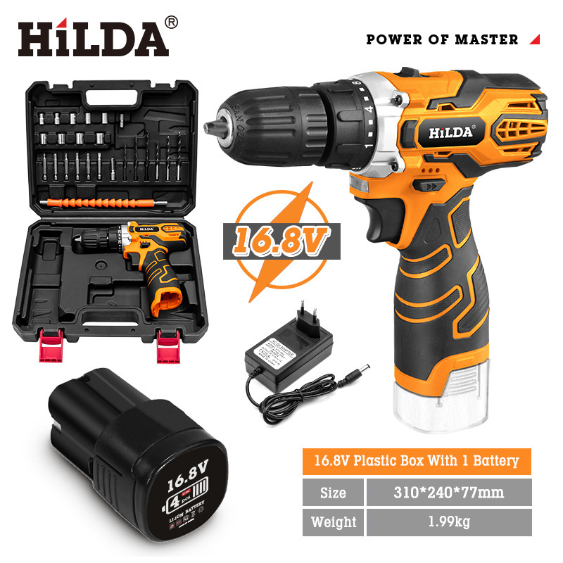 Hilda en stock taladro eléctrico de litio recargable multifunción herramienta eléctrica taladro de impacto taladro de mano al por mayor destornillador