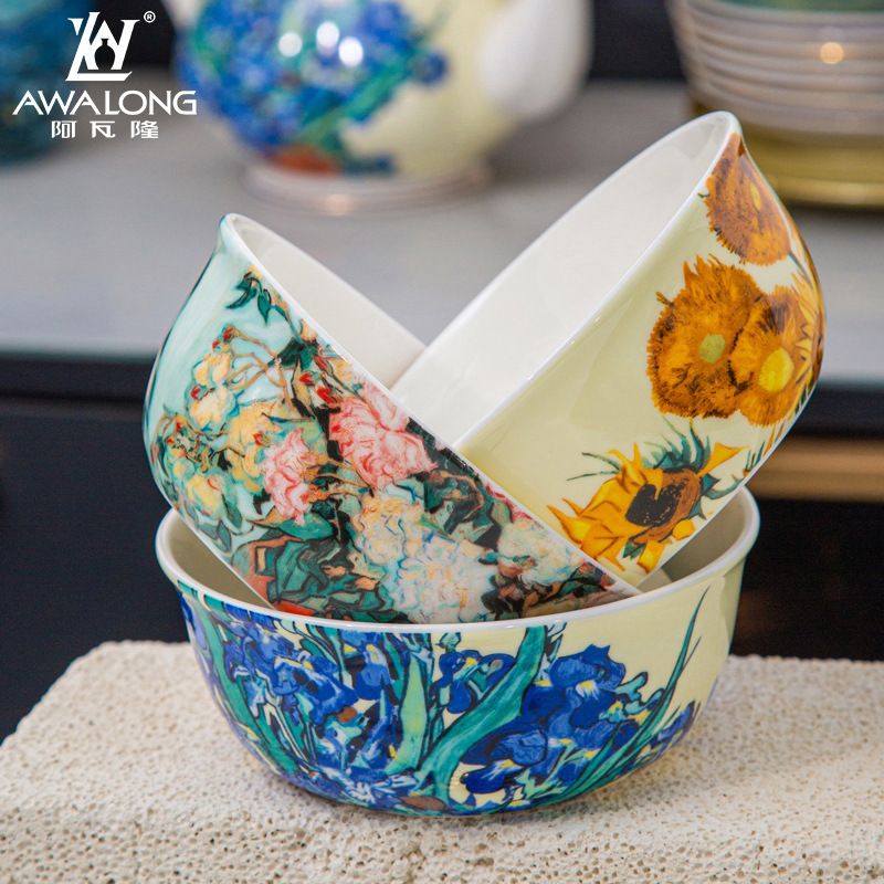 Van Gogh Bone China 2024 New 5 Inch Oil Painting Sunflower Salad Bowl Wholesale Art Painting Exhibition High Quality Bone China Salad