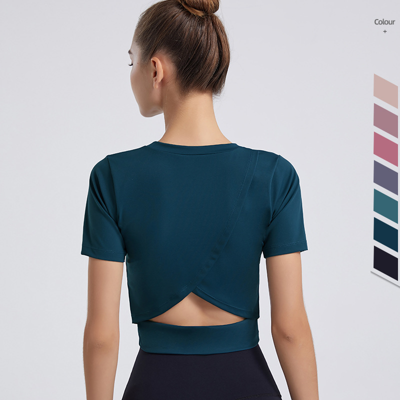 2024 primavera y verano nuevo cuello redondo yoga deportes manga corta Mujer desnudo slim fit ombligo camiseta casual color sólido ropa de entrenamiento