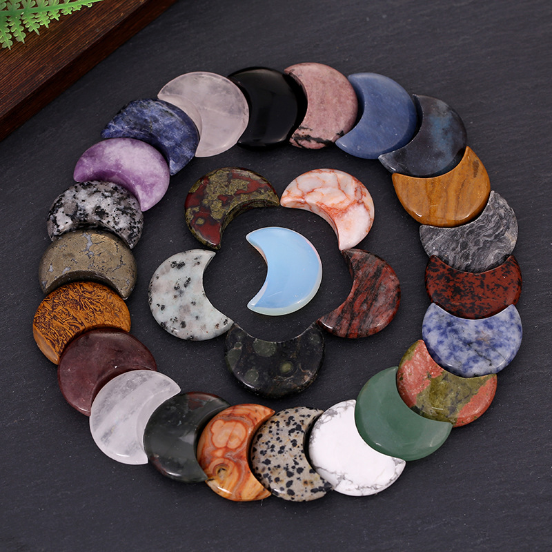 天然石月亮擺件水晶原石玉石彎月吊墜diy飾品配飾粉晶瑪瑙跨境