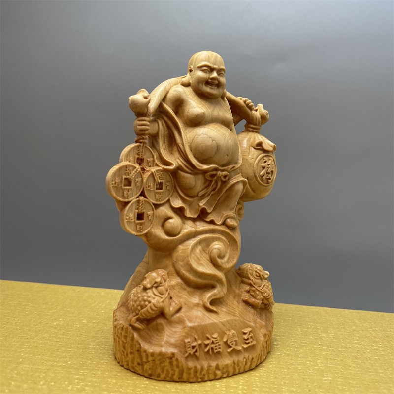 崖柏木雕挑金幣彌勒佛擺件金錢元寶招財佛像納福家居辦公室工藝品
