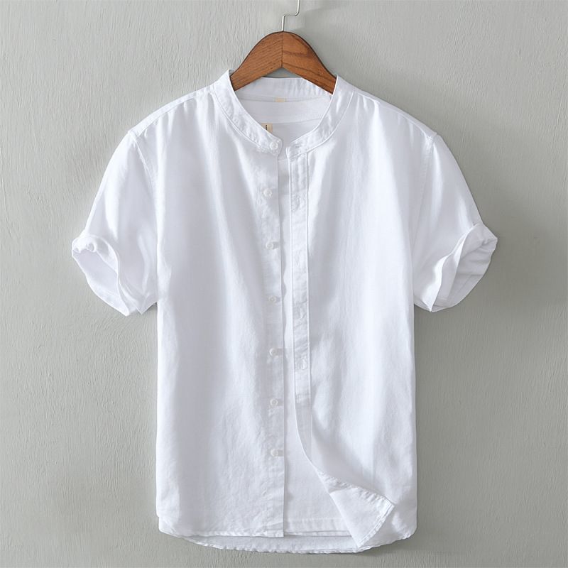 Camisa japonesa de manga corta de lino con cuello cuadrado casual simple, camisa fina de algodón y lino transpirable para hombre, media manga de color sólido delgado