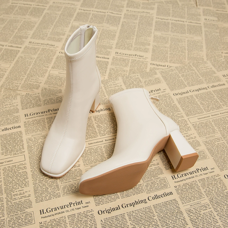 Кожаные толстые каблуки тощие сапоги женские весна и осень 2025 новые туфли на высоком каблуке корейские маленькие ботильоны осенние и зимние белые короткие сапоги