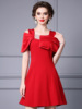 Smart and socialite temperament， red dress， handmade beaded high waisted design， semi off the shoulder dress， 2024 summe