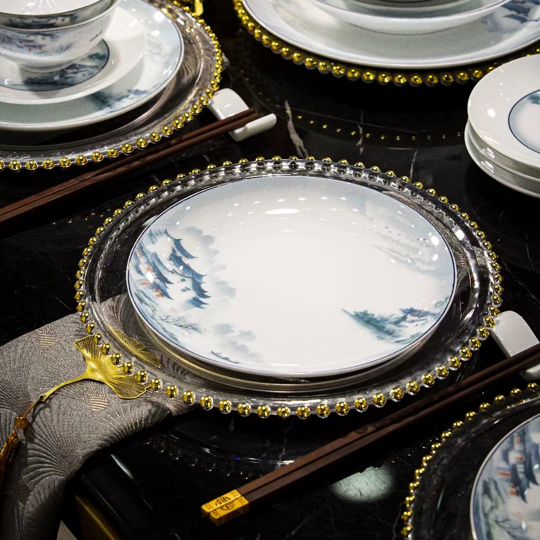 Белая высокая порцелана здоровый набор посуды Jingdezhen краска-рисунок инь-ландшафт Jiangnan водный город миска набор блюд чайник подарок на новоселье
