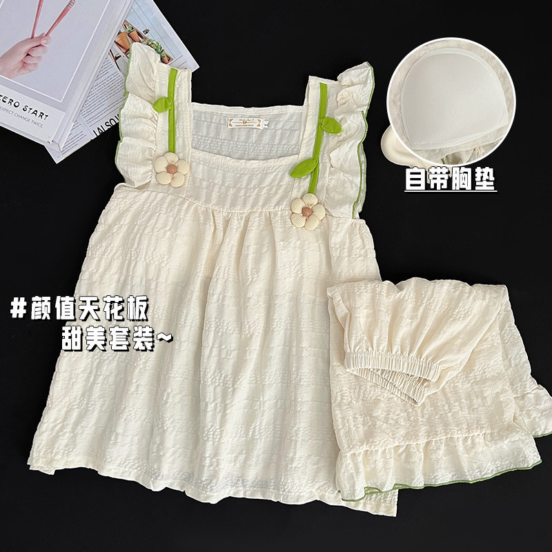 Ins Style Pajamas Women's Summer Short Sleeve with Chest Pad 2024 New Sweet Princess Style Bedroom Home Wear Thin Ins Style Pajamas Women's Summer Short Sleeve with Chest Pad 2024 New Sweet Princess Style Bedroom Home Wear Thin