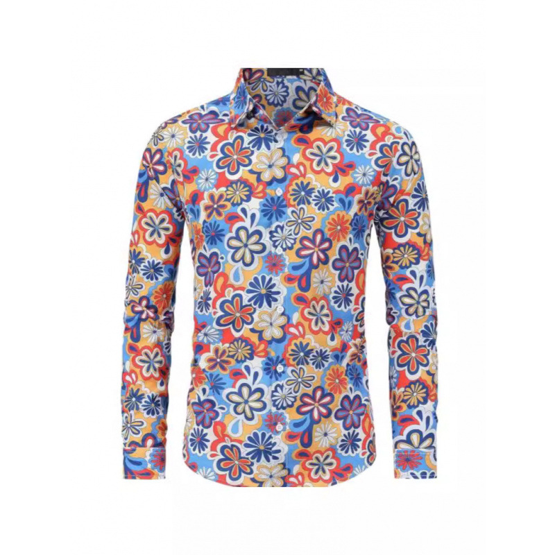 2024年亚马逊万圣节嬉皮士男士70年代迪斯科嘻哈纽扣花卉复古长袖