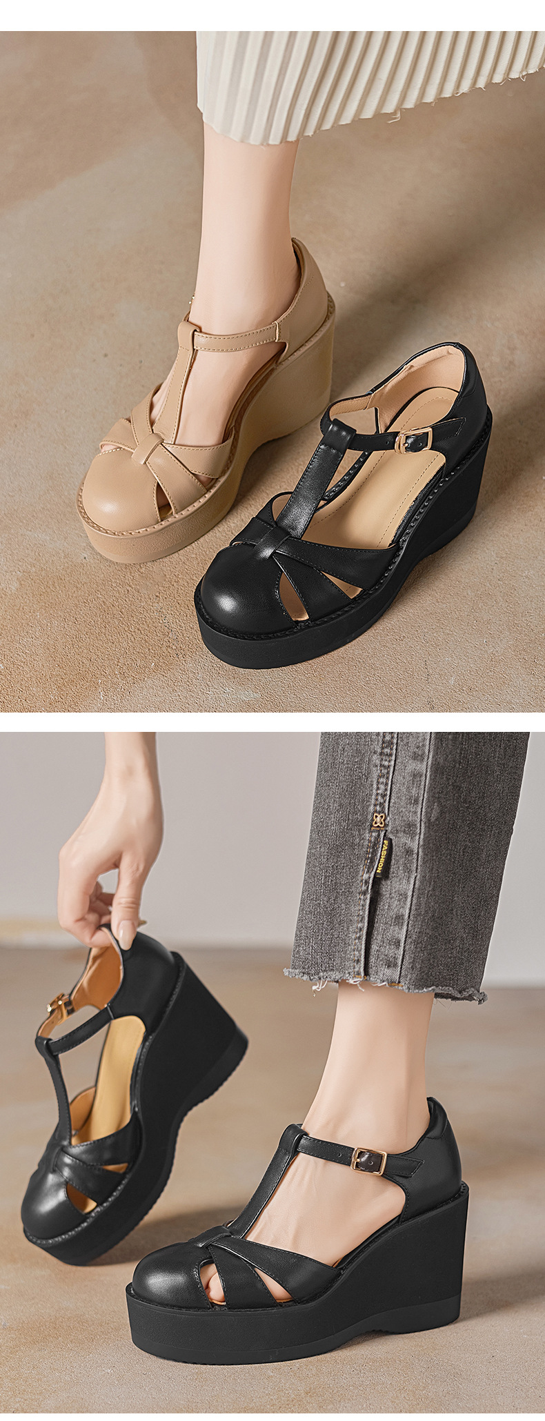 Sandal nữ cao gót đế dày 9.5 cm quai ngang khóa T — đen chi tiết 3