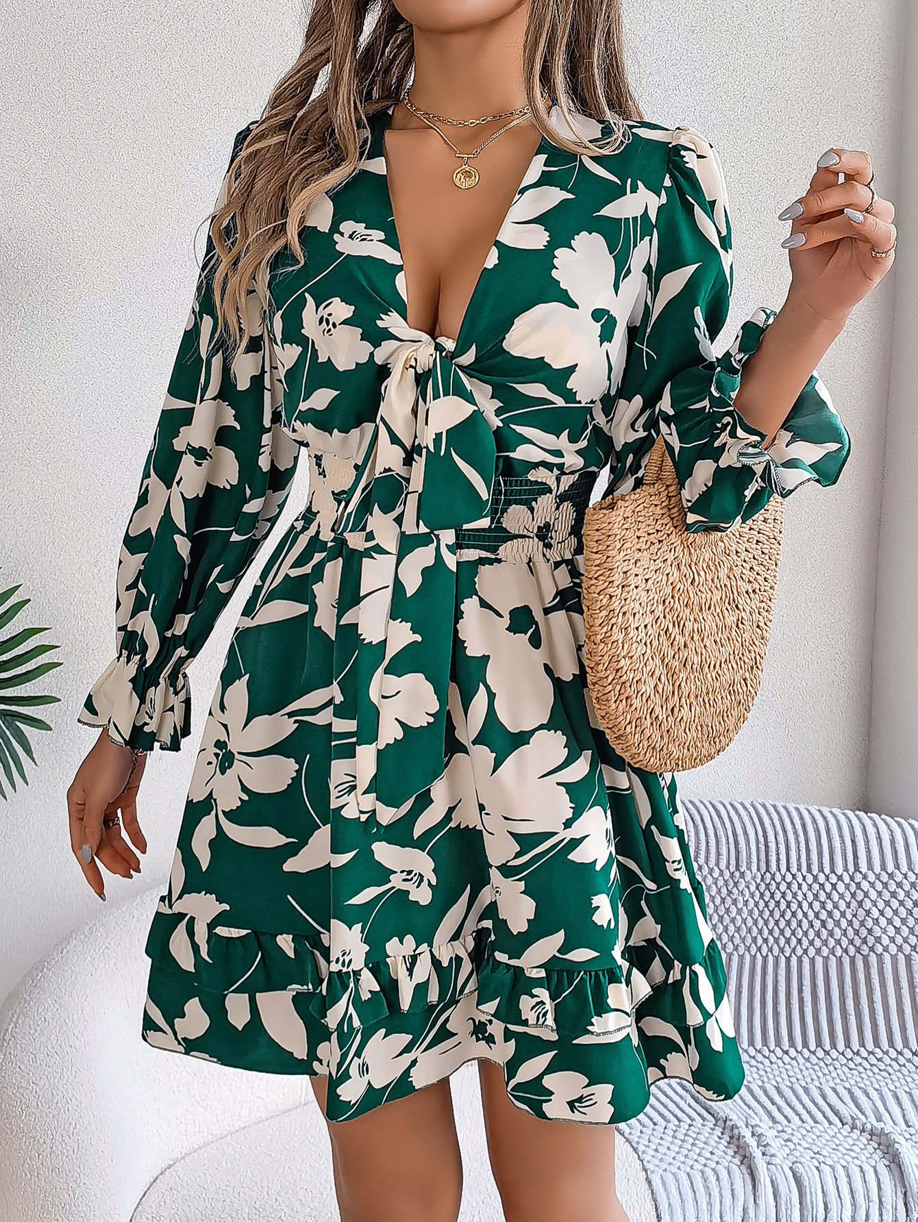 Image of 2025 Spring Summer Women's Long Sleeve Flower Printed V-neck Fashion Elegance Dress