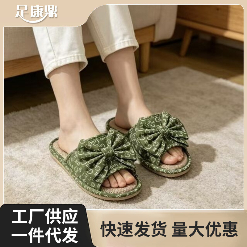 韩系蝴蝶结装饰一字拖 春秋季居家室内拖鞋 复古印花设计凉拖批发