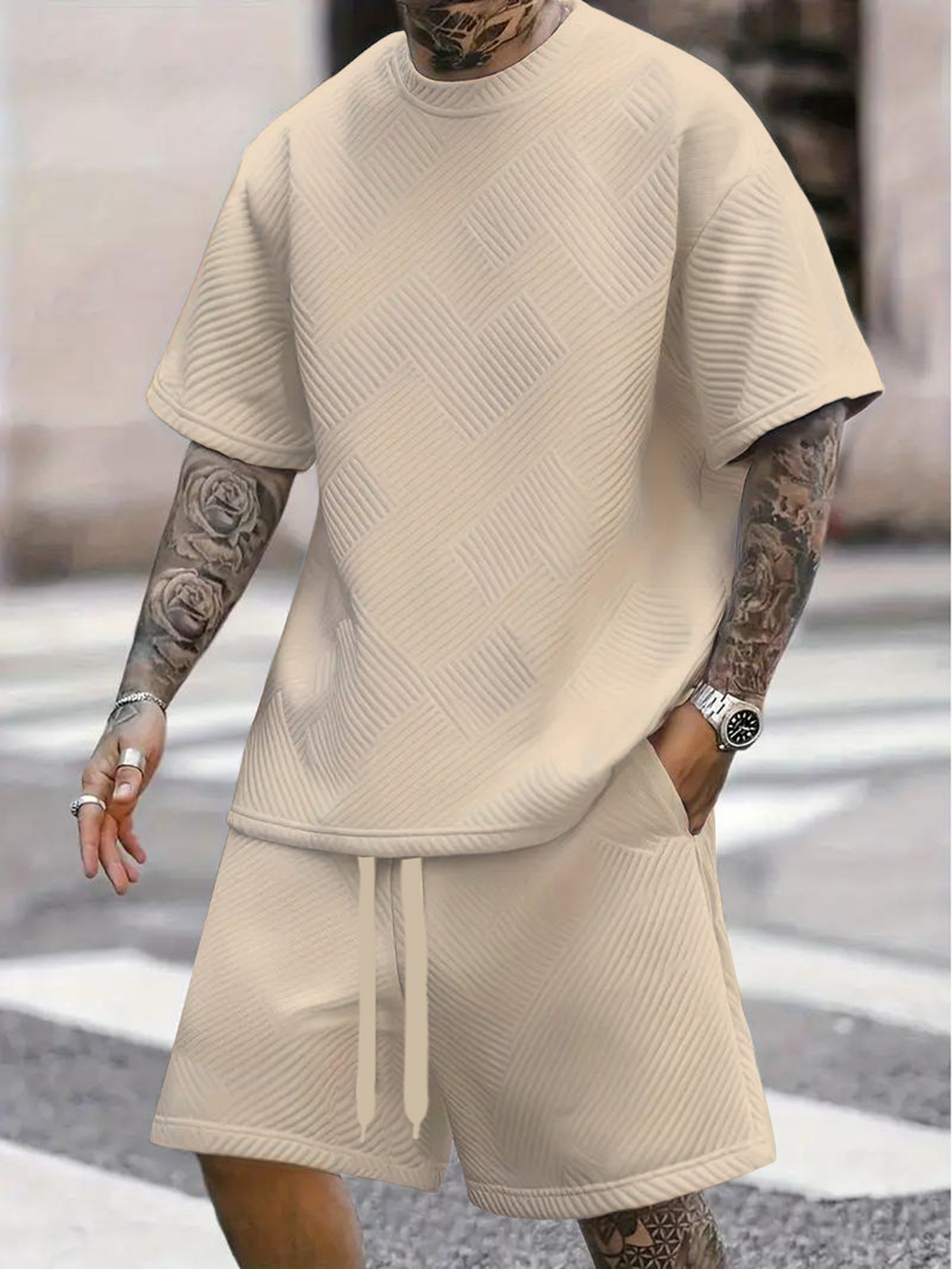 Men's Jacquard Print Short Sleeve T-Shirt & Shorts Set - Summer Casual Athletic 2-Piece Outfit​_viptrois.com