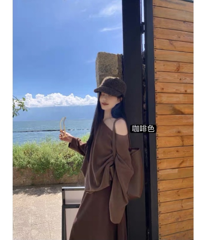 2025年春季新款女装一字领长袖针织衫宽松蝙蝠袖毛衣休闲露肩上衣|undefined