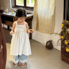 女童花边吊带裙2024夏季新款韩版儿童黑色白色吊带衫连衣裙