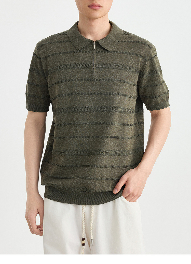 Áo polo nam tay ngắn cổ bẻ phối khóa kéo một nửa, chất liệu dệt kim hoa văn jacquard — đen chi tiết 36