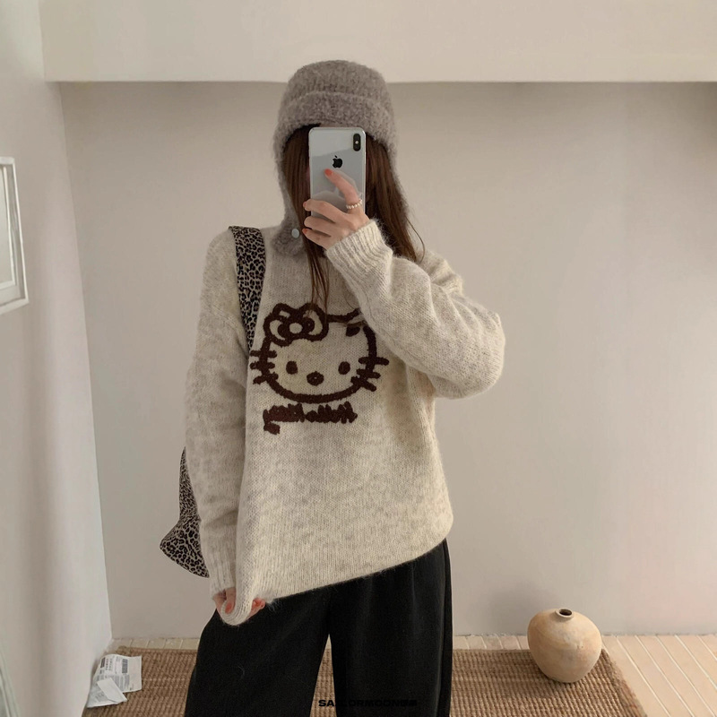 Autumn and Winter New Cartoon Pattern Sweater for Women, Loose and Versatile Design Top, Sweet Jacquard Pullover Sweater Trendy