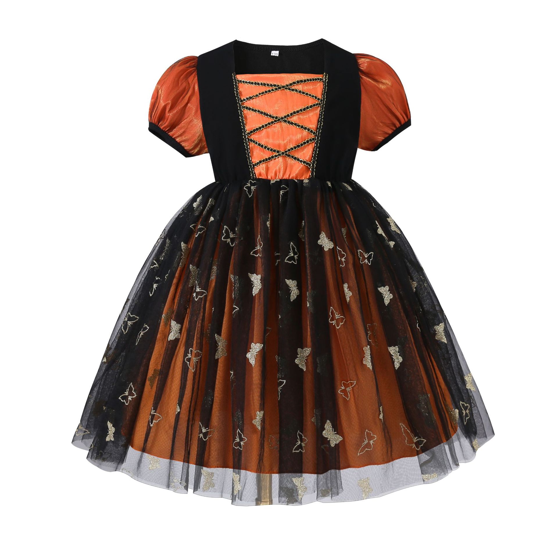 New In-Stock European and American Halloween Ball Party Children's Dress with Puff Sleeves and Pumpkin Glass Tulle Princess Dress