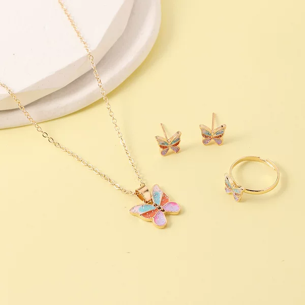 New Children's Fashion Jewelry Set Butterfly Star Cartoon Alloy Necklace Stud Earrings Ring Jewelry Set Wholesale
