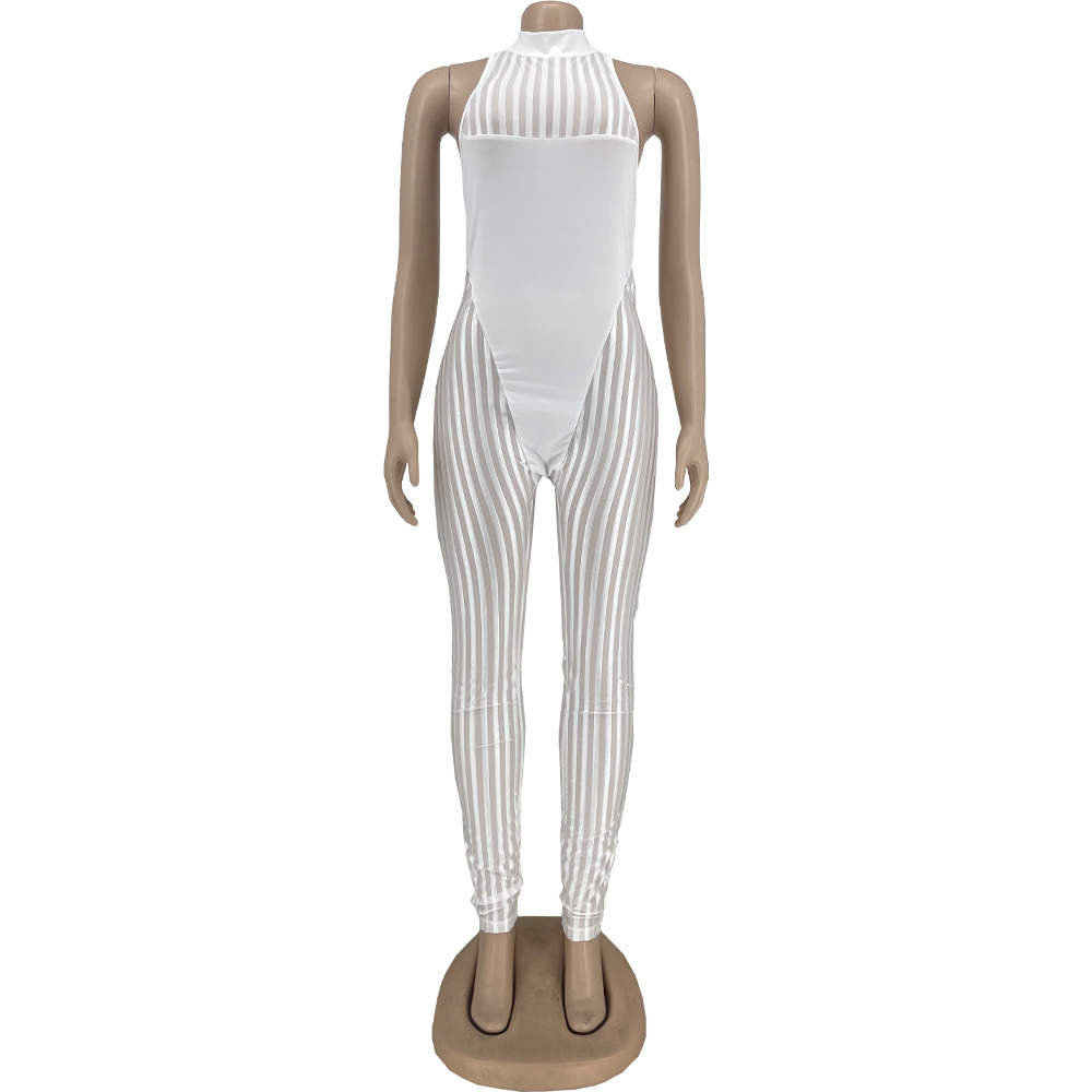 Women Clothing Sexy Mesh Stripes Stitching Women Jumpsuit