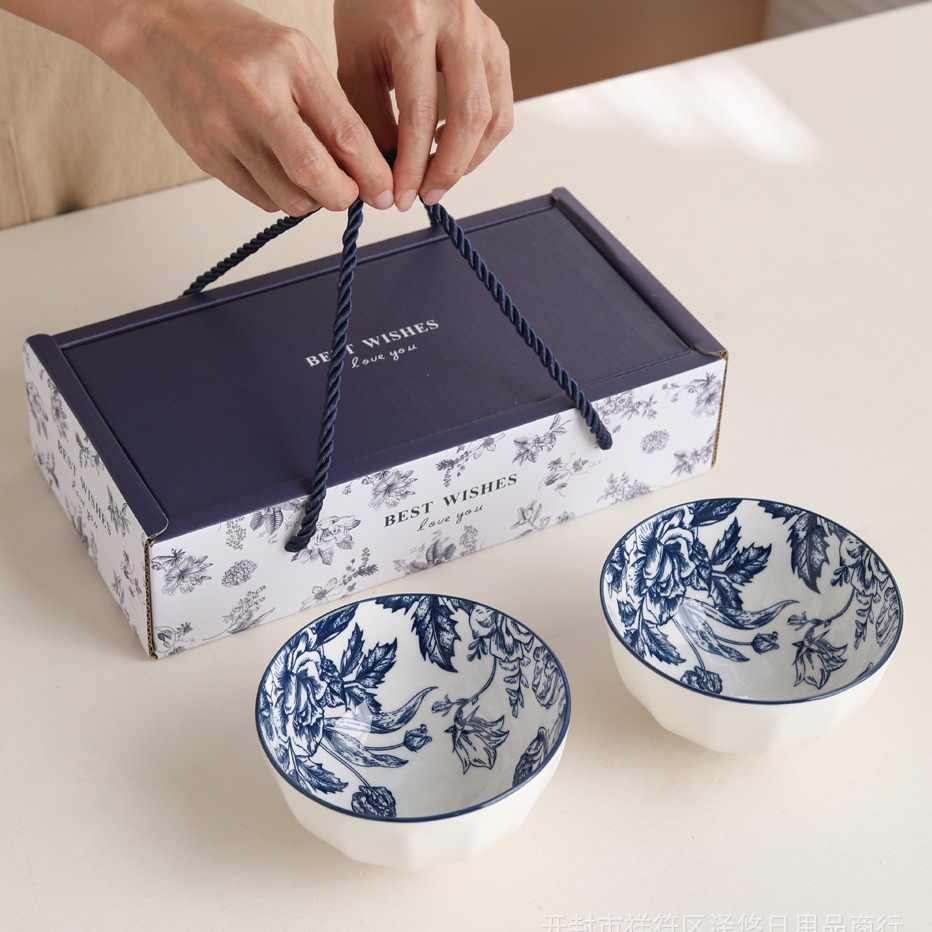 国潮风家用陶瓷餐具2碗套装礼盒装繁花似锦陶瓷碗两件套米饭汤碗