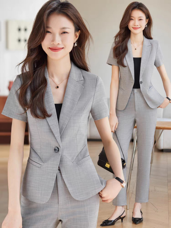 グレー半袖プロフェッショナルスーツ女性の夏薄い 2025 新しいジュエリーショップフロントデスク受付作業服スーツ|undefined
