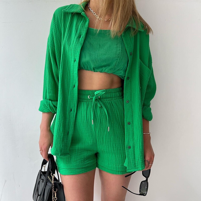 European and American Women's Two-Piece Set: Wrinkled Fabric Lapel Long-Sleeve Shirt and High-Waisted Drawstring Shorts, Plus-Size Fashion Casual Outfit European and American Women's Two-Piece Set: Wrinkled Fabric Lapel Long-Sleeve Shirt and High-Waisted Drawstring Shorts, Plus-Size Fashion Casual Outfit