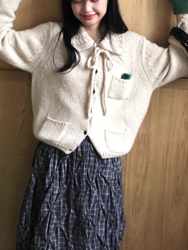 复古系带翻领针织毛衣开衫女秋冬季简约百搭显瘦上衣|undefined