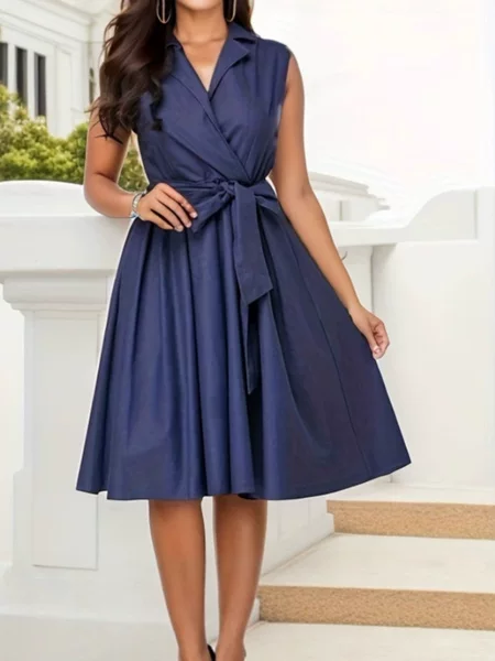 Cross-Border European and American Women's Fashion Solid Color Waist-Cinching Sleeveless Lapel Tie A-Line Commuter Dress Mid-Length Waist-Cinching Dress