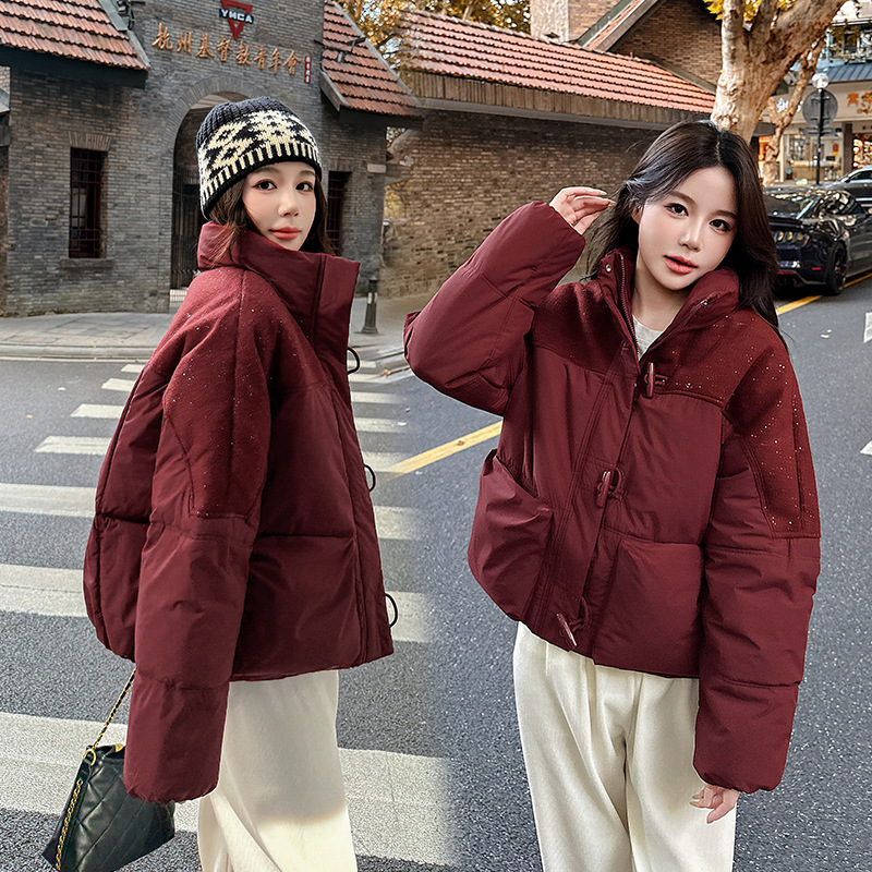 毛呢亮片羽绒棉服女时尚拼接短外套2025年冬季新款棉衣短款上衣潮|undefined